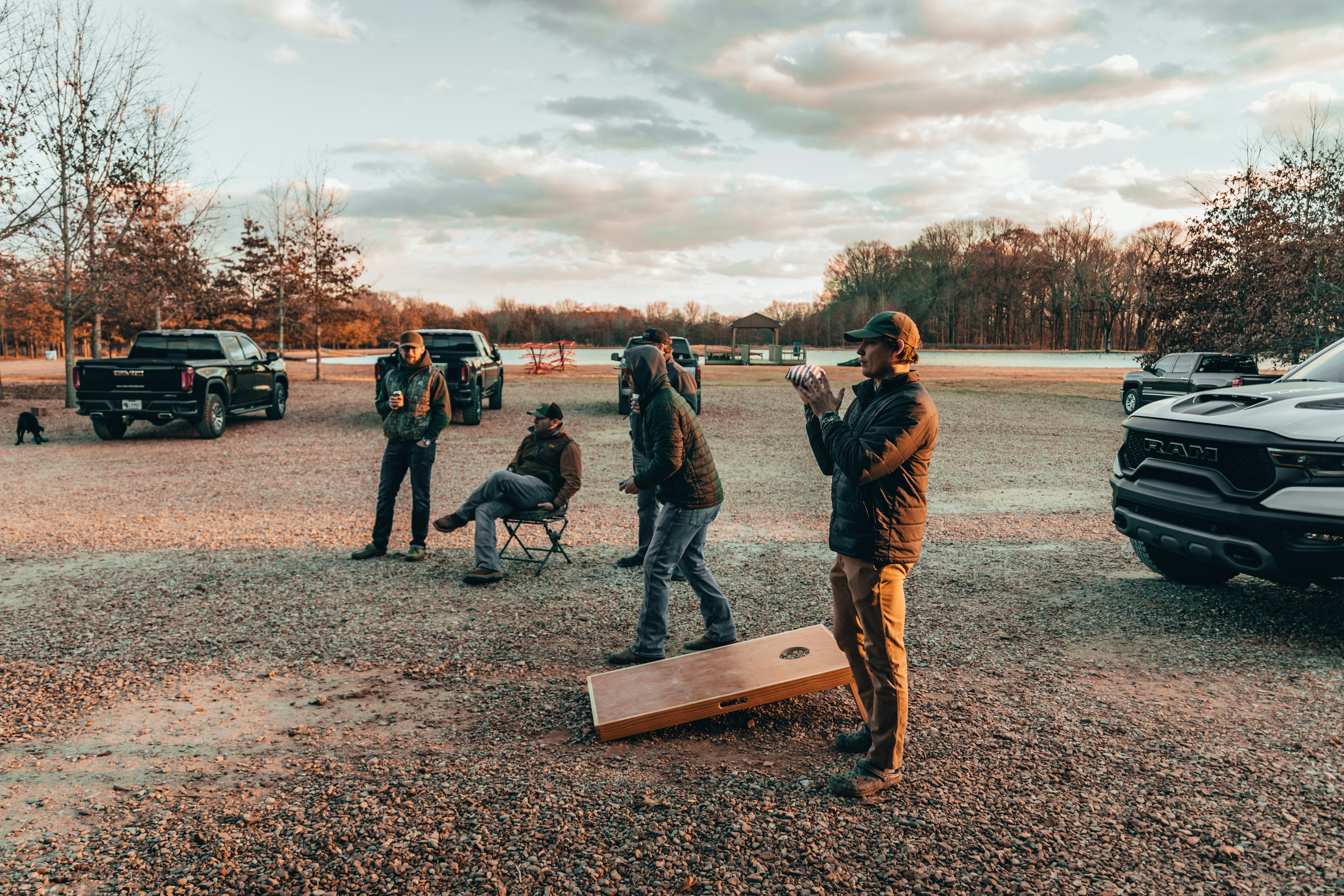 Cornhole being played outdoors