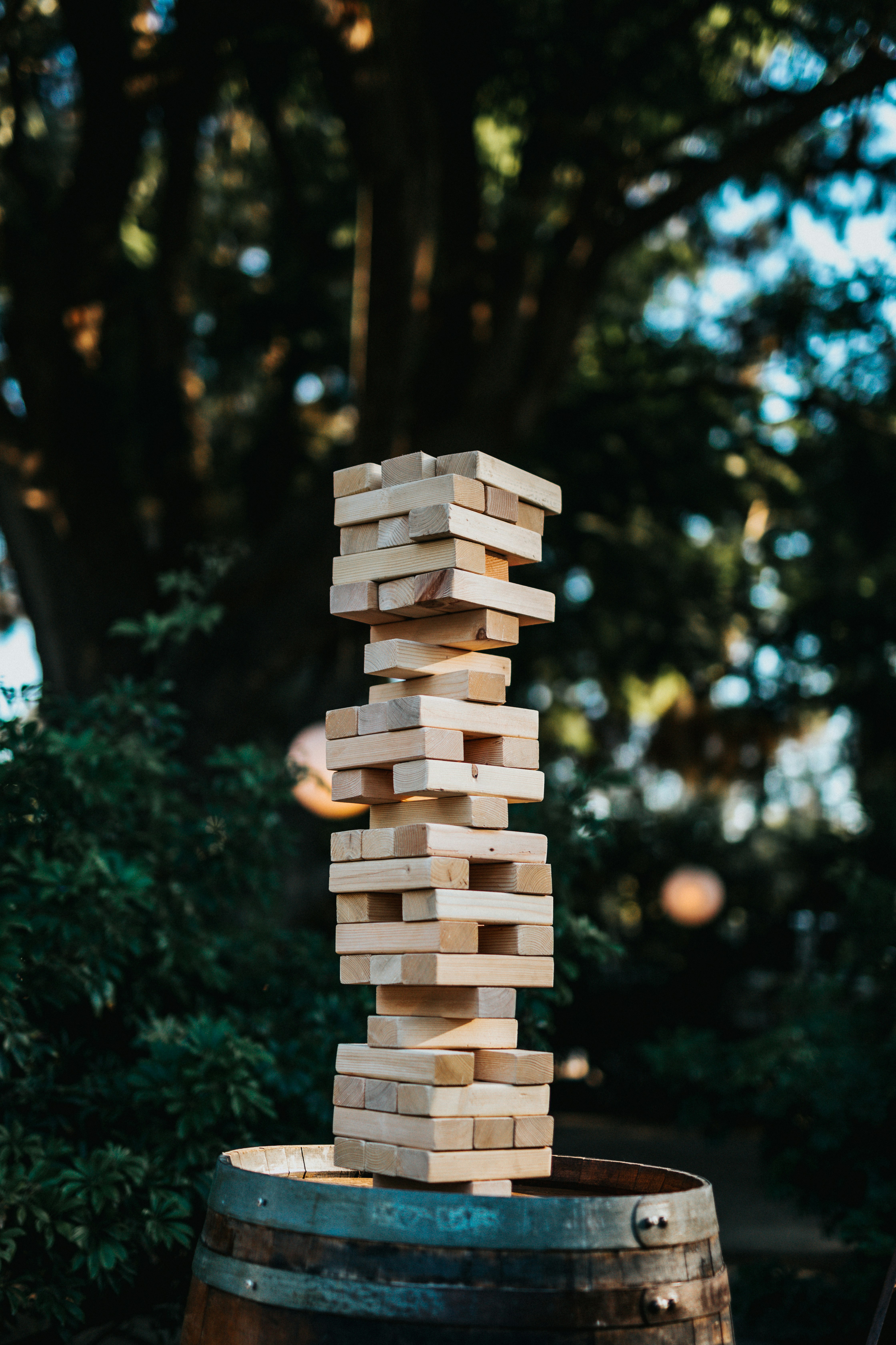 Giant Jenga tower at an outdoor event