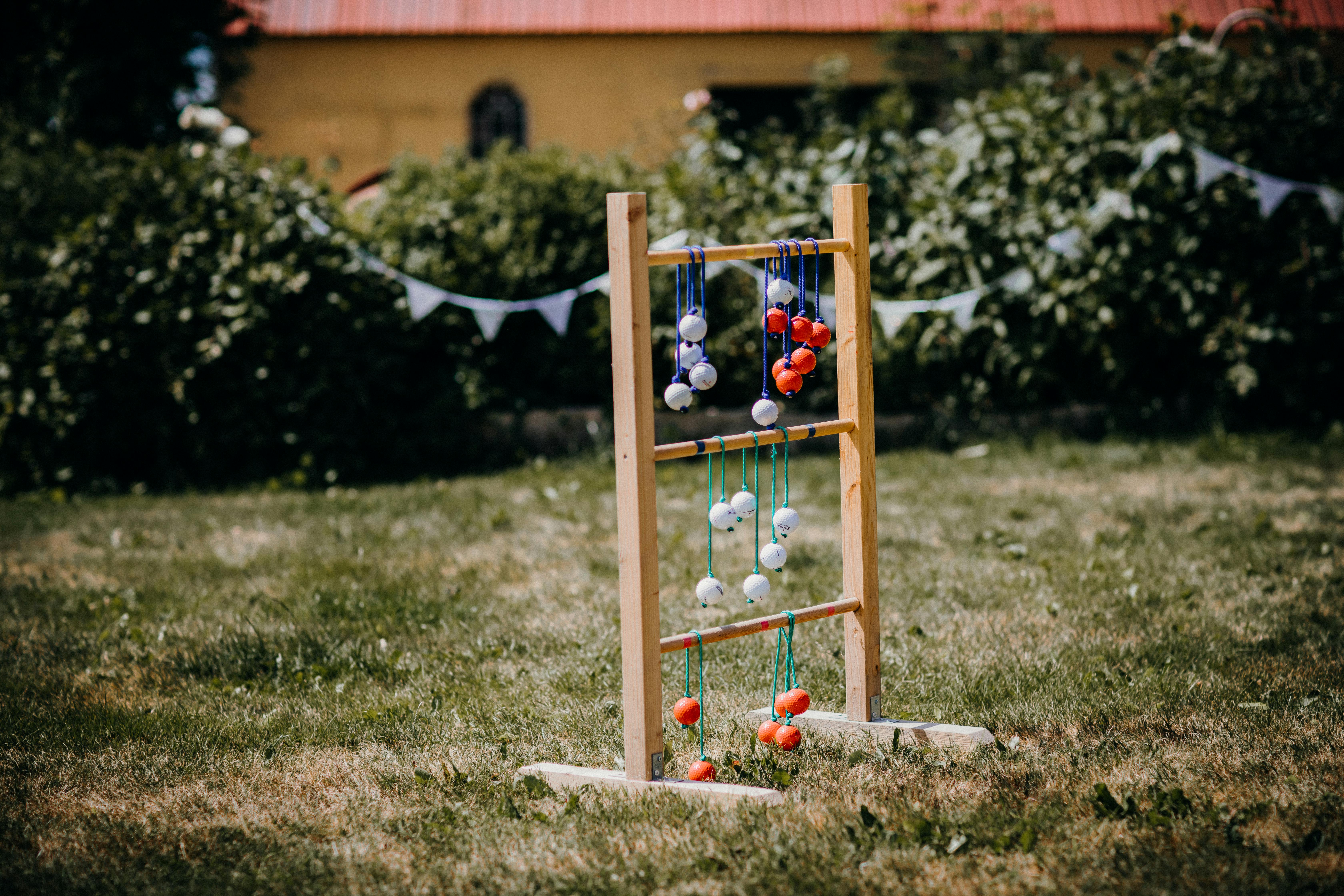 Ladder toss game set up in a garden